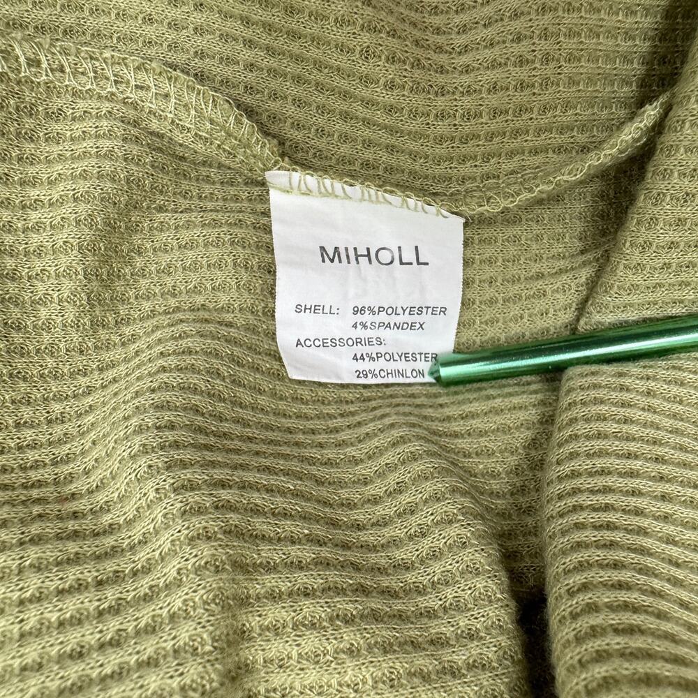 MIHOLL Olive Green Waffle Knit Top with Sheer Floral Lace Long Sleeve Size Small - Picture 10 of 11